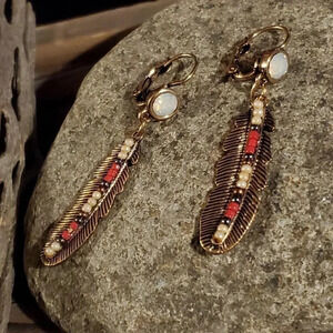 Antique Brass Beaded Feather Faux Opal Earrings